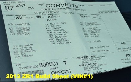 2013 Corvette Build Sheet VIN #1